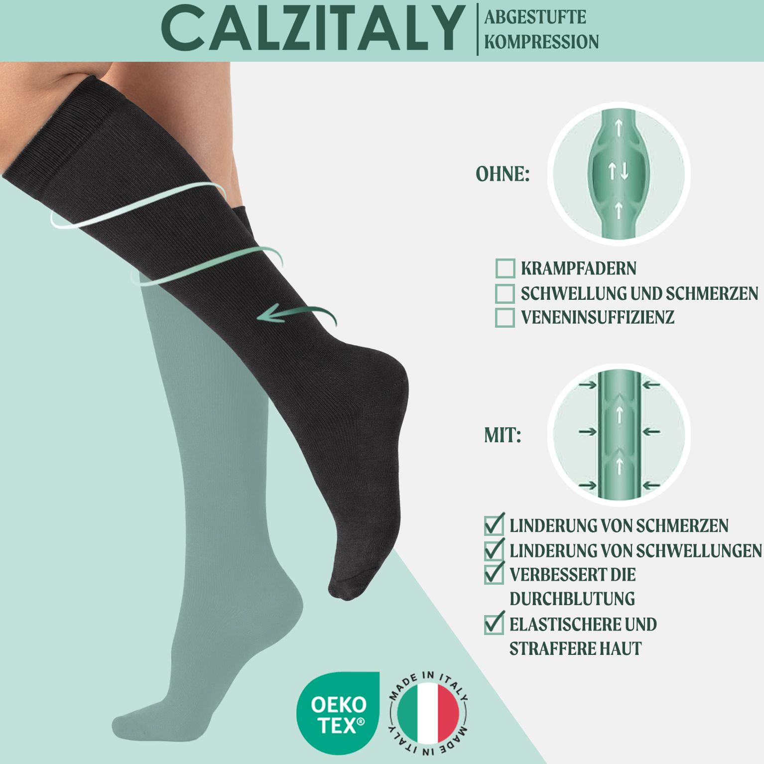 CALZITALY Unisex Kniestrümpfe aus Baumwolle Abgestufter Kompression 14-16 mm/Hg Made in Italy