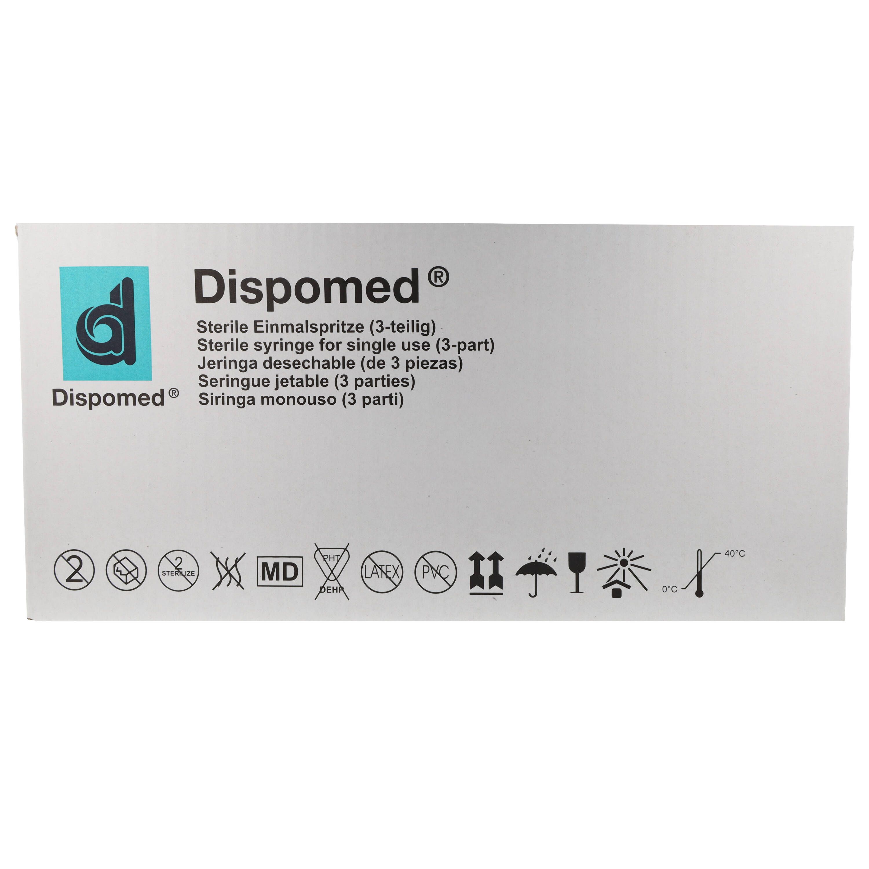 Verpackung mit DISPOMED-Logo. Text: Sterile Einmalspritze (3-teilig). Piktogramme für Handhabung und Lagerung.