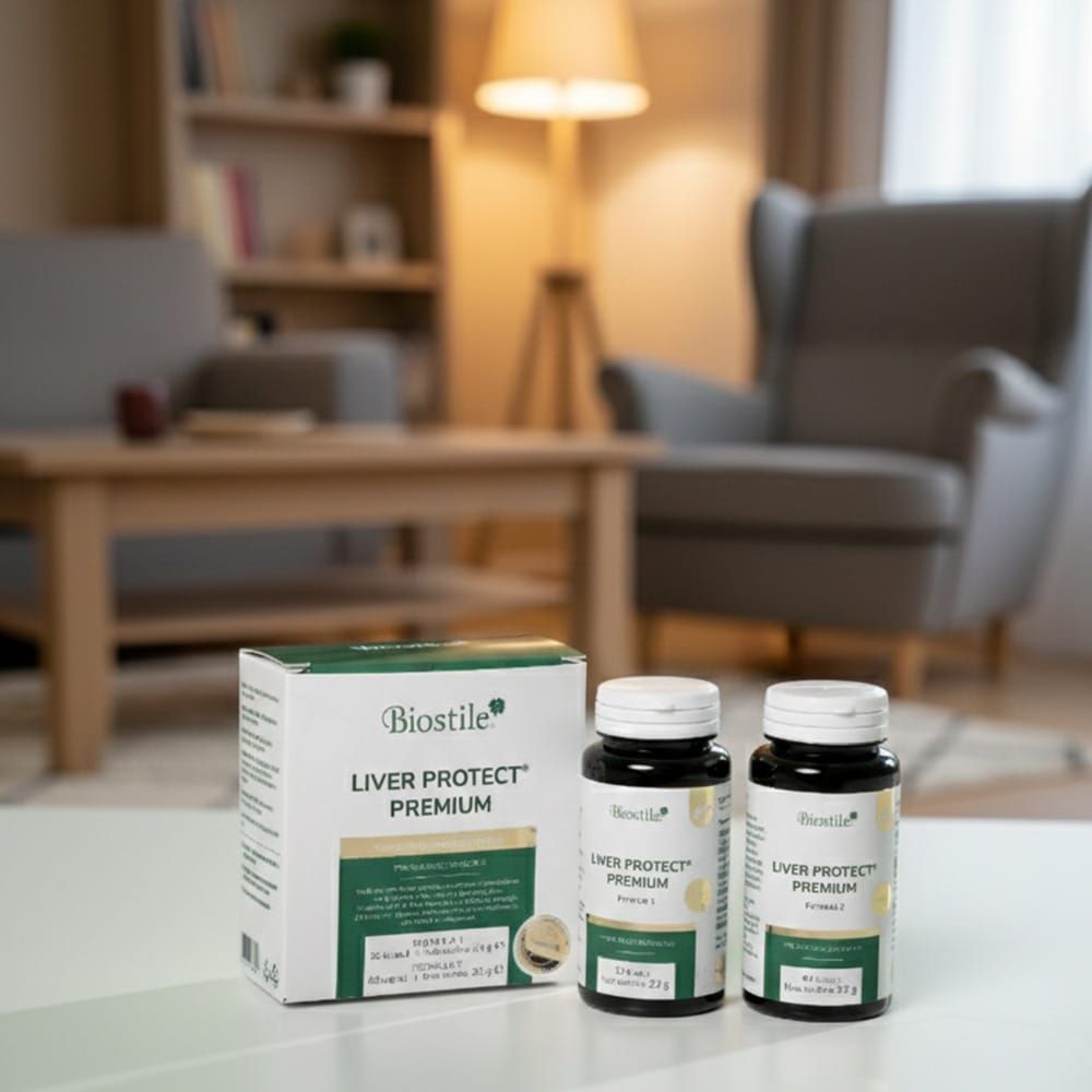 Biostile Liver Protect Premium Kapseln und eine Packung auf einem Tisch in einem Wohnzimmer.