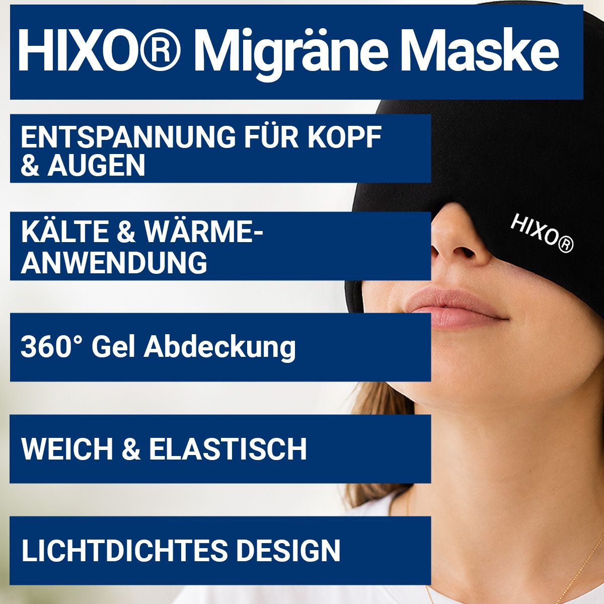 HIXO Migräne Maske: Entspannung für Kopf & Augen, Kälte/Wärme, 360° Gel, weich, lichtdicht.