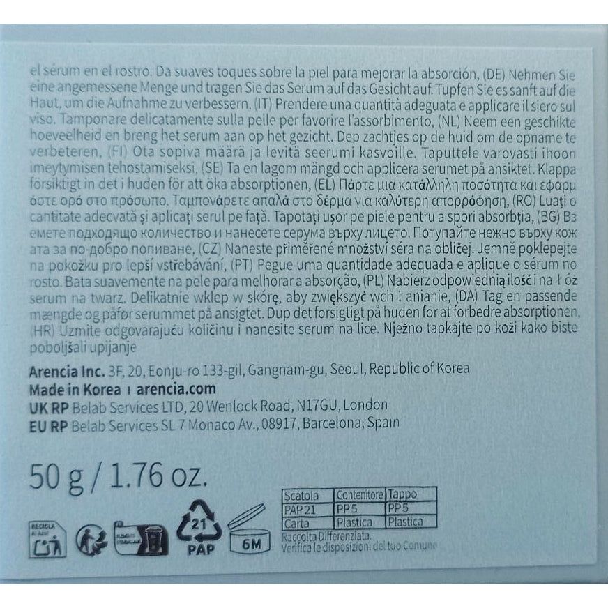 Rückseite einer Serumverpackung mit Anwendungsanweisungen in mehreren Sprachen und Produktinformationen.