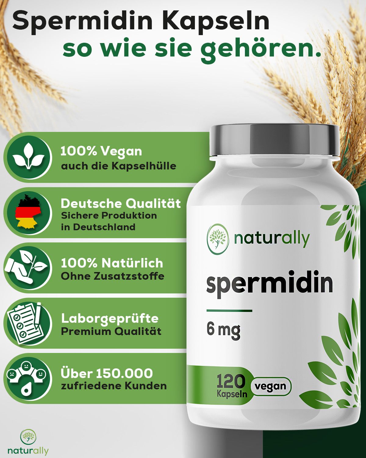 Flasche "naturally spermidin 6 mg". Text: "100% Vegan", "Deutsche Qualität", "100% Natürlich", "Laborgeprüft". 120 Kapseln.