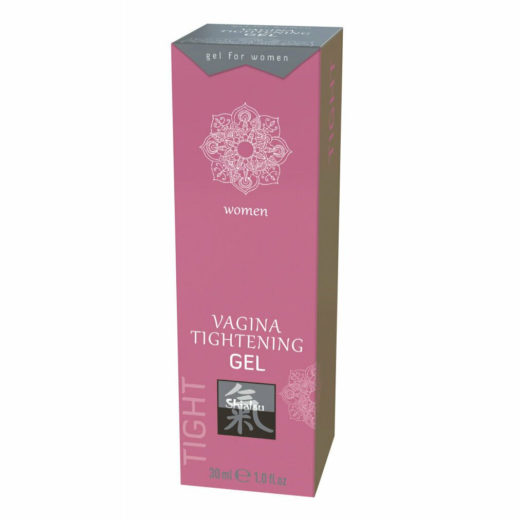 Rosa Verpackung mit Produktbezeichnung und Logo. Text: Vagina Tightening Gel. Marke: Shiatsu. Volumen: 30 ml.