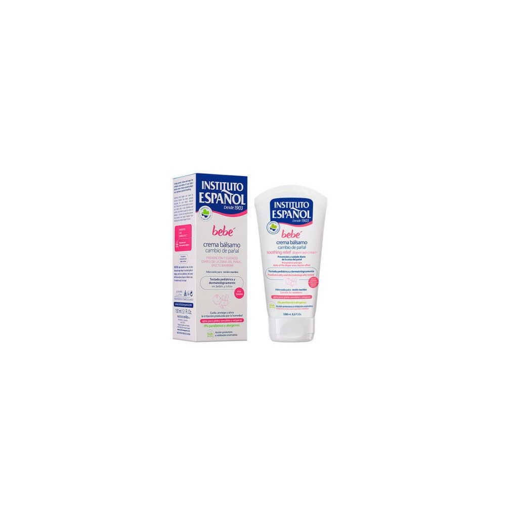 Creme-Balsam-Tube und -Schachtel. Aufschrift: Instituto Español, bebe, crema bálsamo cambio de pañal. Für empfindliche Haut.