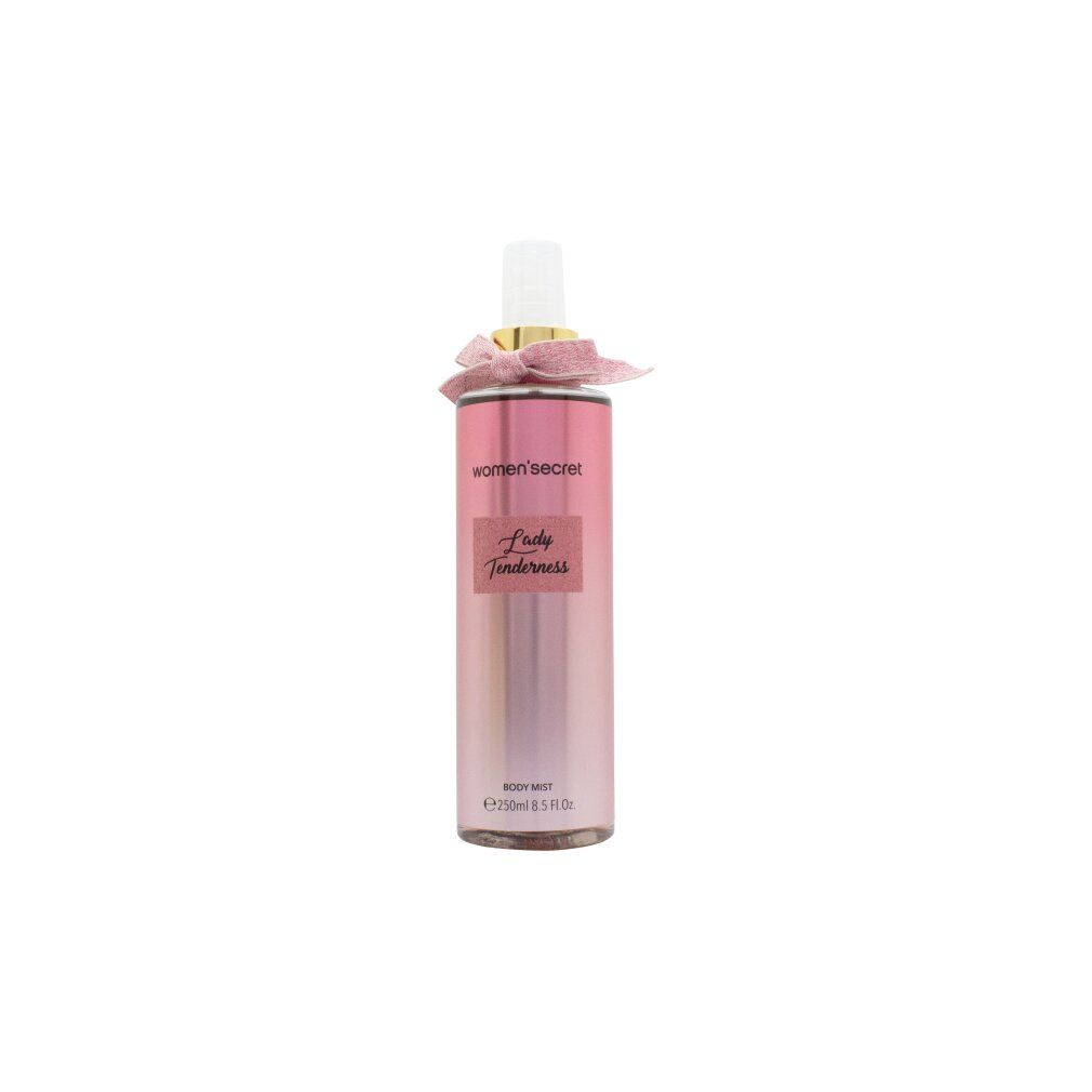 Rosa Body Mist Flasche mit Schleife. Aufschrift: Women'secret Lady Tenderness. Unten: 250ml 8.5 FL.OZ.