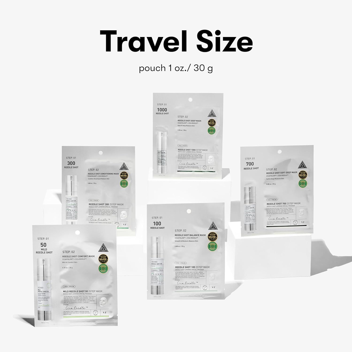 Mehrere Packungen VT Cosmetics Mild Reedle Shot 50 2-Step Mask. Verschiedene Größen: 50, 100, 300, 700, 1000. Travel Size-Aufdruck.