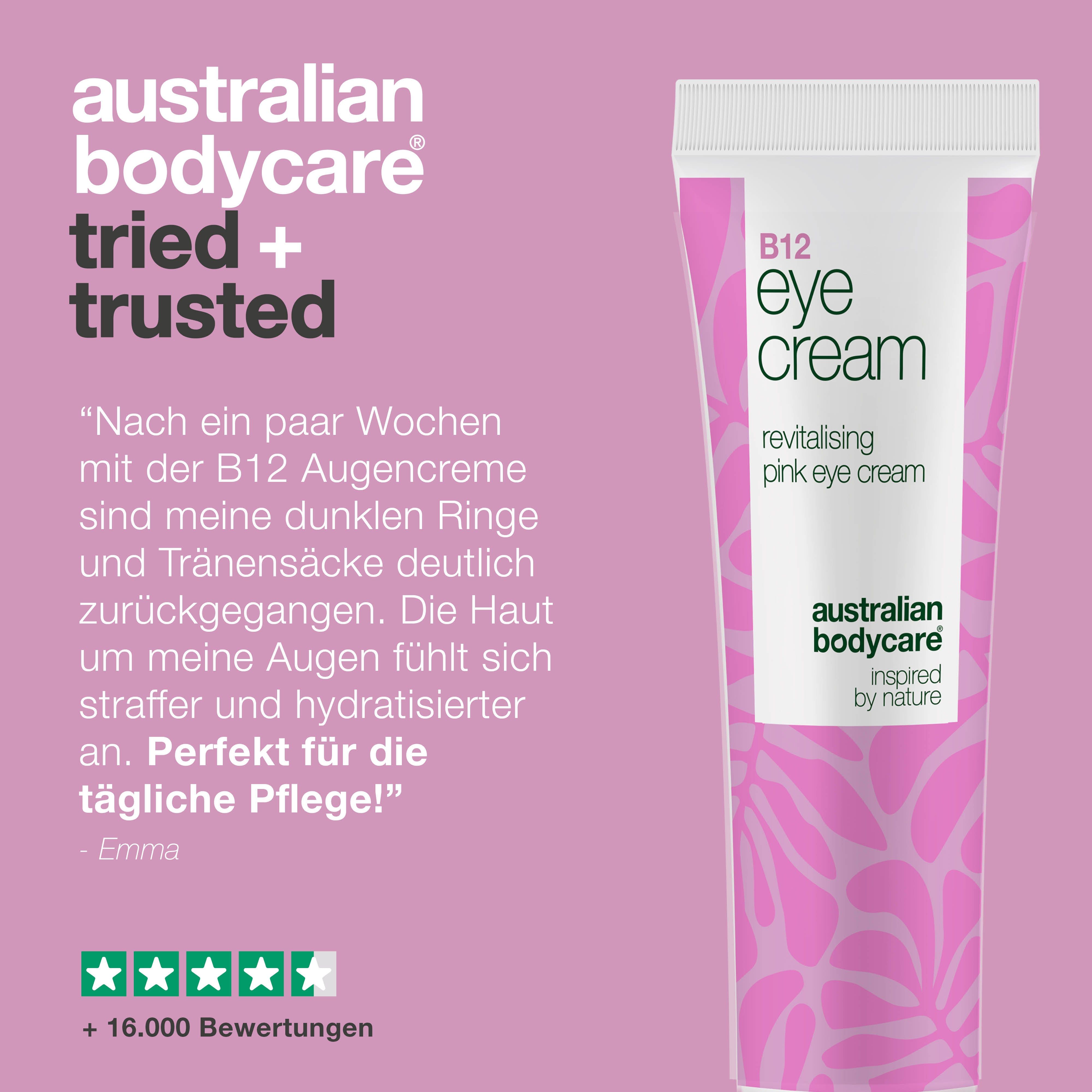 Tube B12 Eye Cream. Text: Australian Bodycare tried + trusted. Zitate, Sterne, +16.000 Bewertungen.