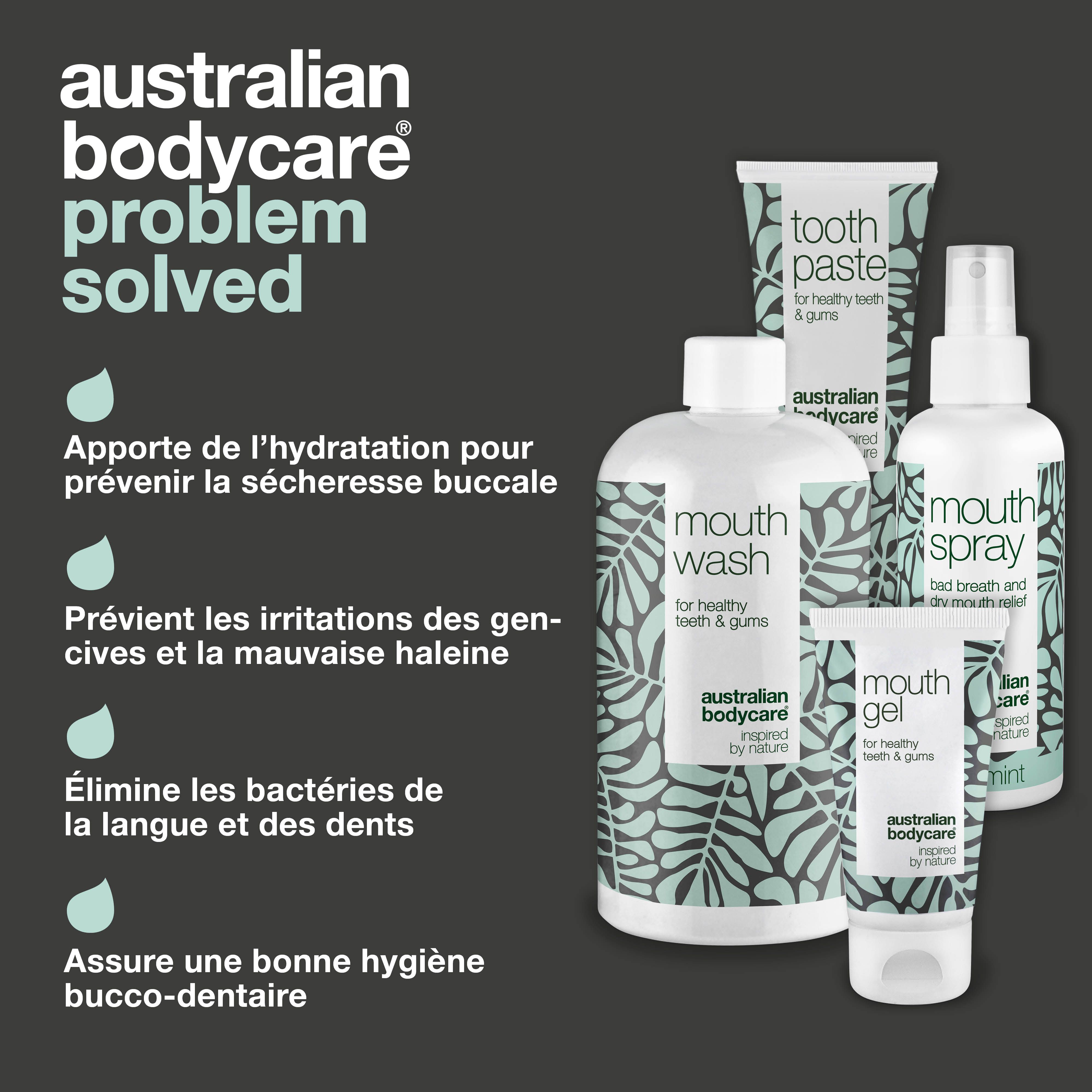 Graphique avec des produits de soins bucco-dentaires. Texte : Australian Bodycare, problème résolu. Contient bain de bouche, dentifrice, gel buccal, spray.