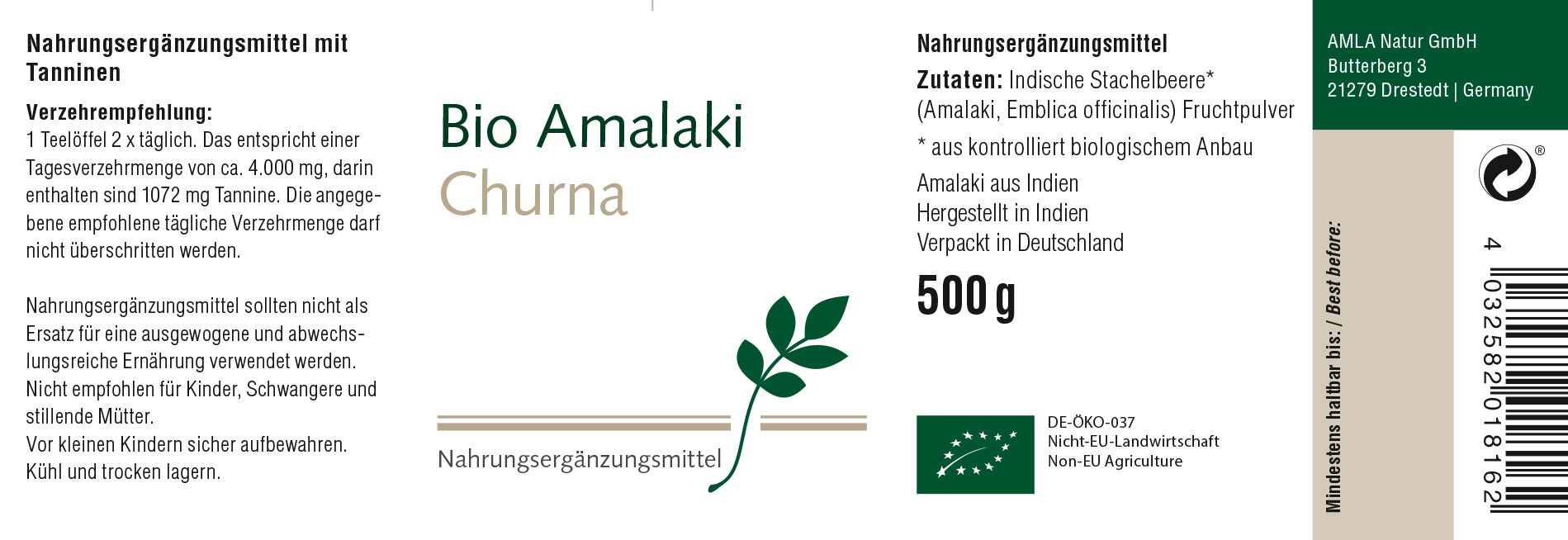 Etikett mit Text: Bio Amalaki Churna, 500g, Zutaten, Bio-Siegel. Text in deutscher Sprache.