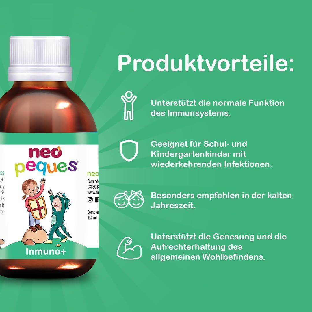 Neo Peques Inmuno+ Sirup-Flasche. Produktvorteile: Unterstützung des Immunsystems, für Kinder, empfohlen in der kalten Jahreszeit.