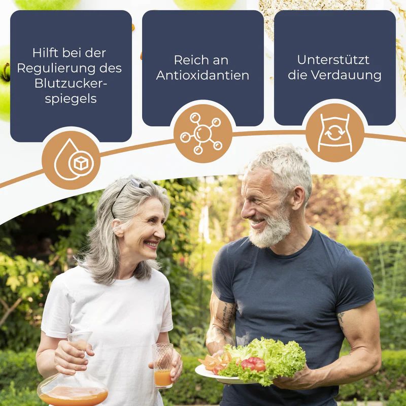 Ein älteres Ehepaar im Garten. Grafiken zeigen Vorteile: Blutzuckerspiegel regulieren, Antioxidantien, Verdauung unterstützen.