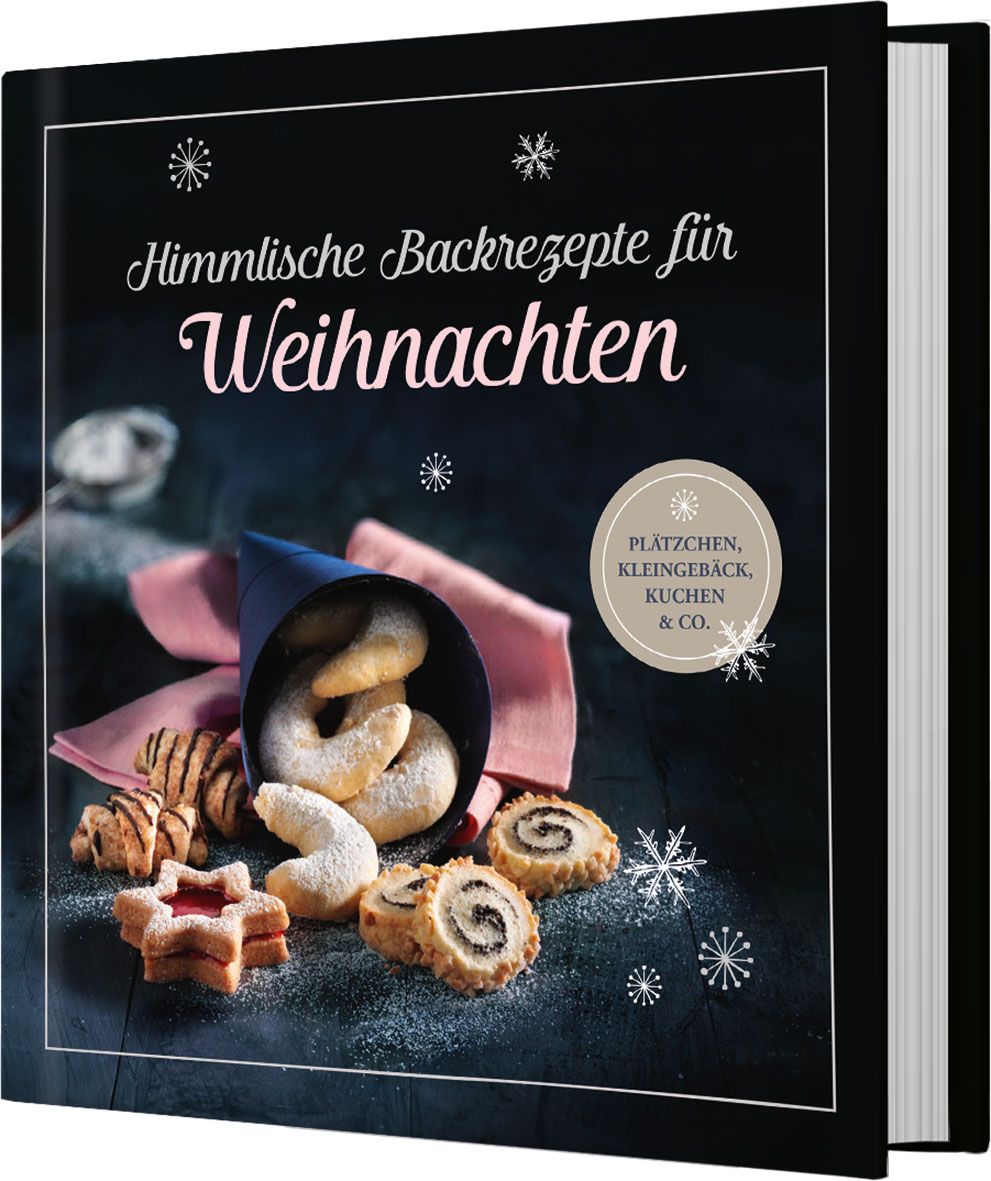 Buchcover mit Titel "Himmlische Backrezepte für Weihnachten". Gezeigt werden Plätzchen, Schneeflocken und ein blauer Kegel mit Gebäck.