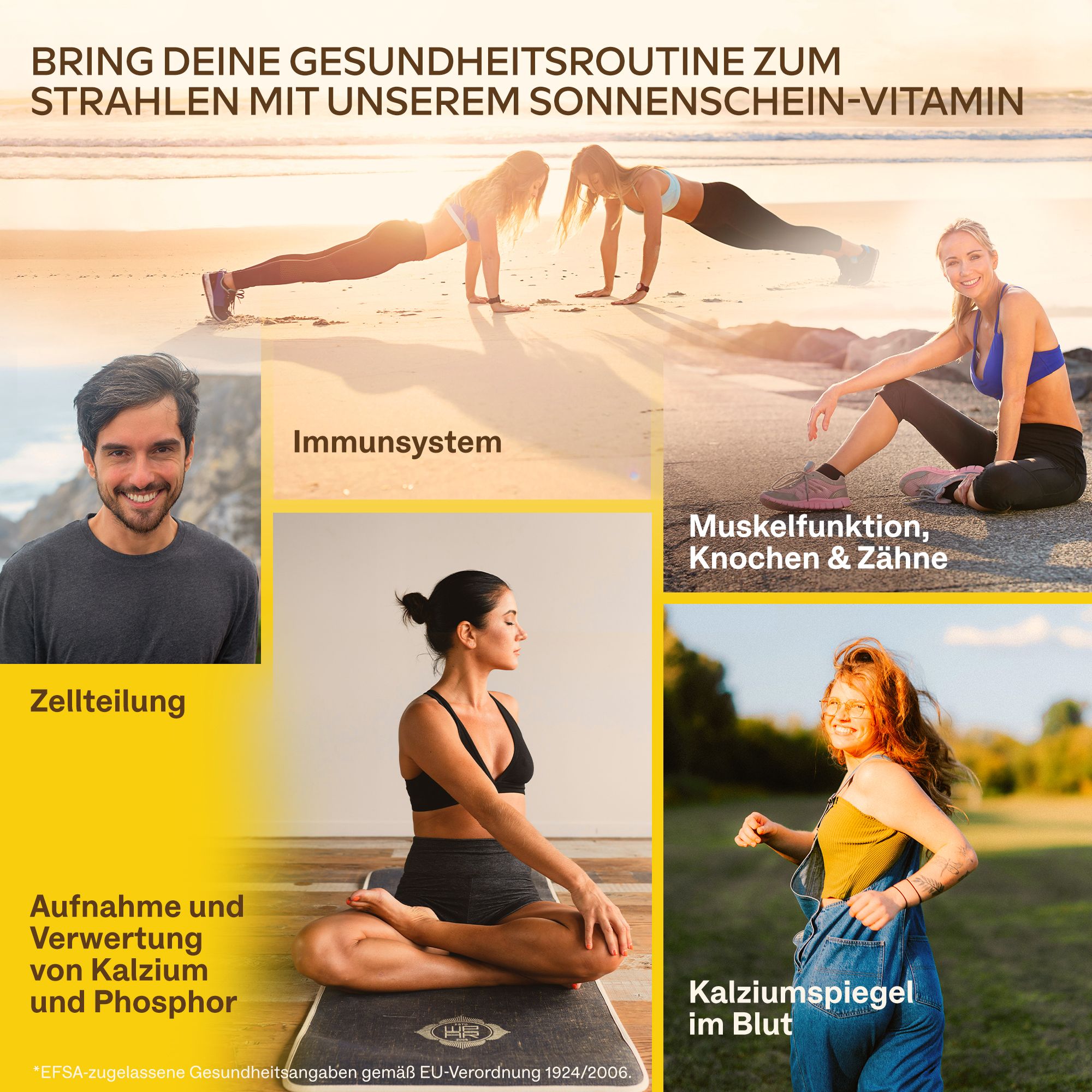 Collage: Menschen bei Übungen, Mann, Frau in Yoga-Pose, Frau beim Laufen.