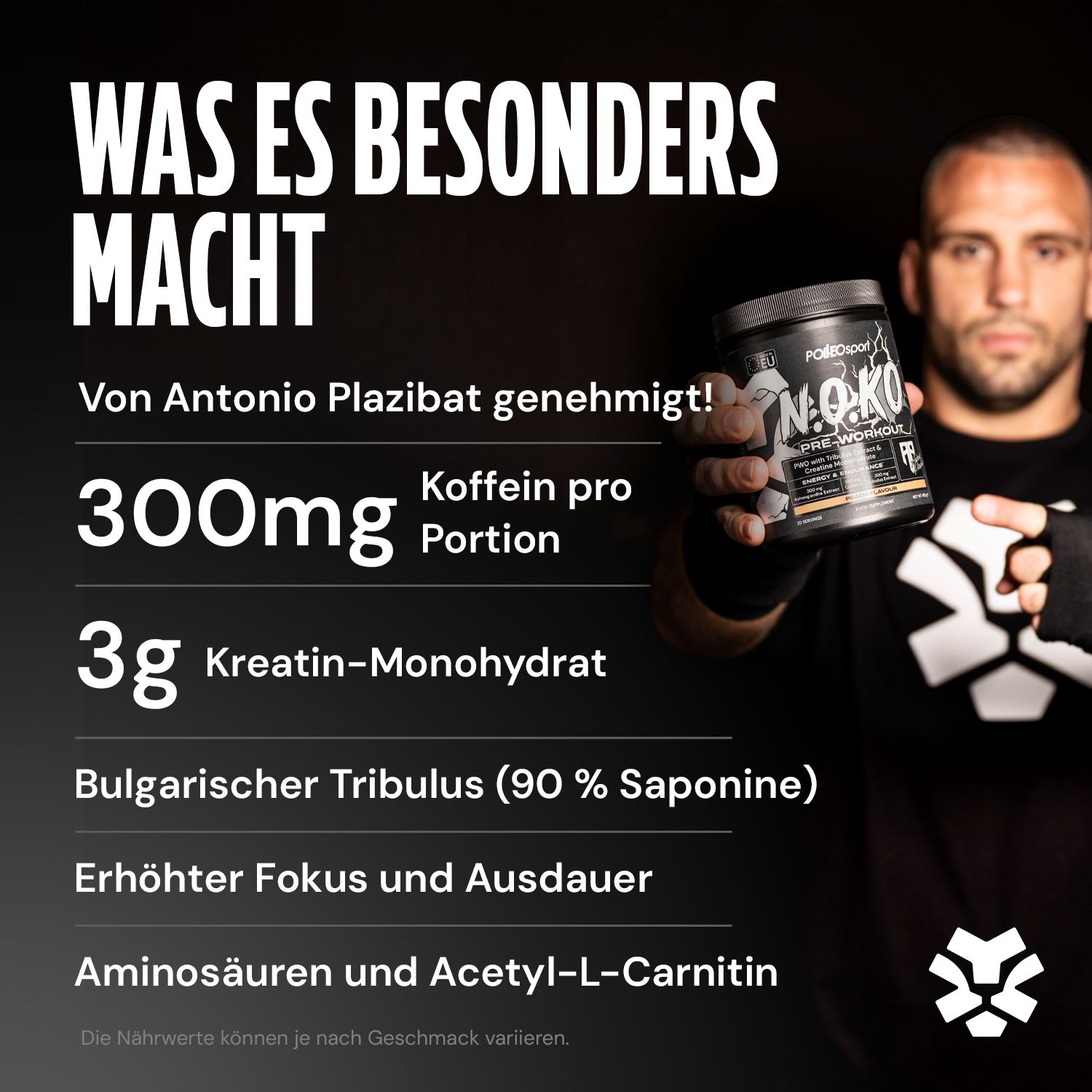 Dose N.O.KO Pre-Workout. Enthält 300mg Koffein, 3g Kreatin-Monohydrat, Bulgarischer Tribulus. Von Antonio Plazibat genehmigt.