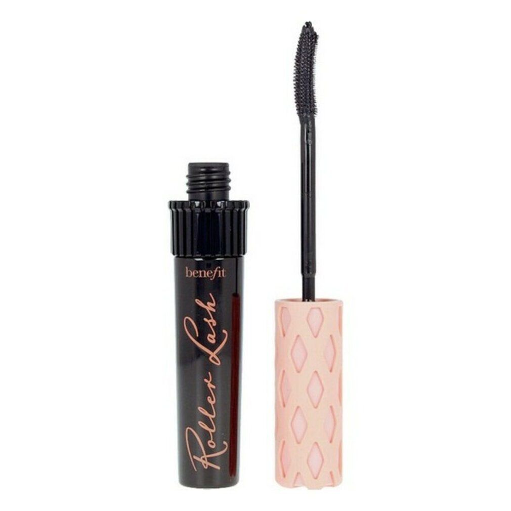 Benefit Roller Lash Mascara: Schwarzer Flakon mit rosa Applikator und Bürste.