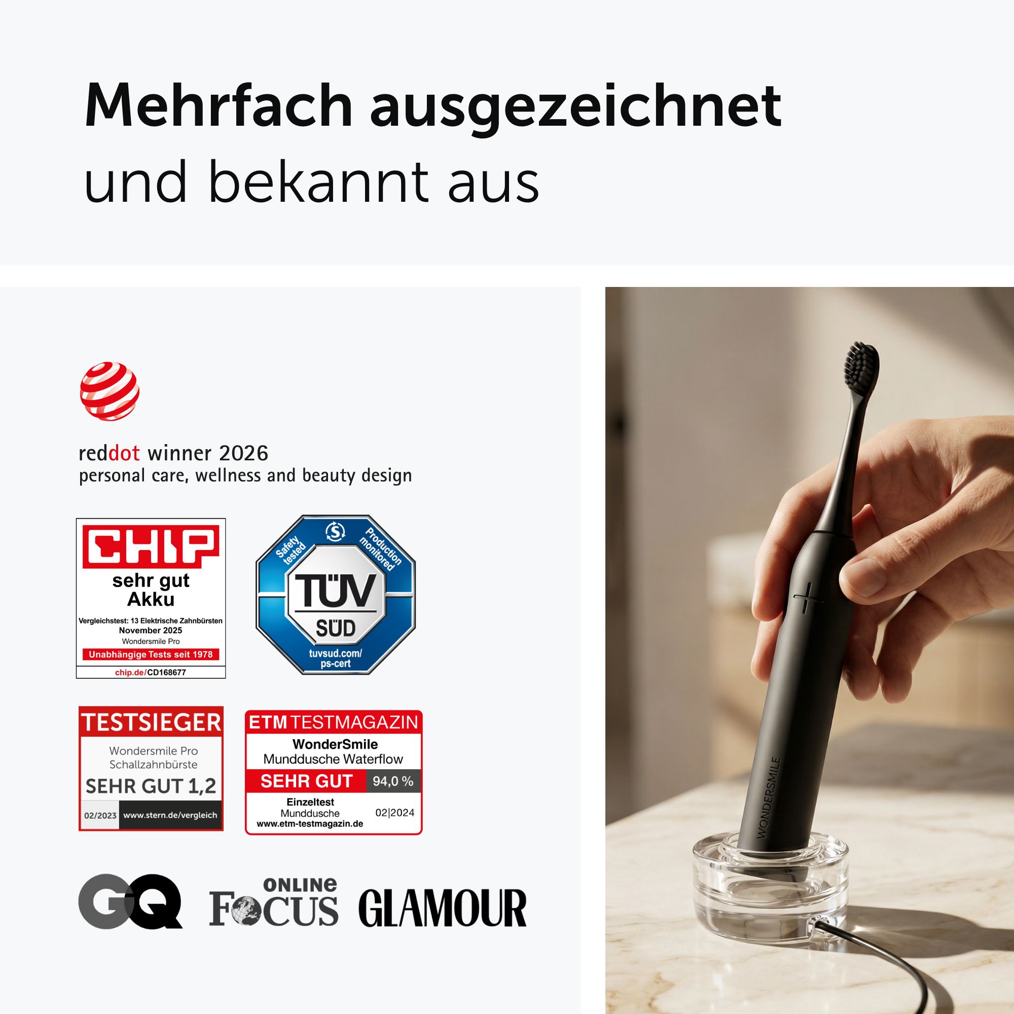 Logos von Auszeichnungen: Red Dot, CHIP, TÜV SÜD. Schwarze Schallzahnbürste Pro auf Ladestation.
