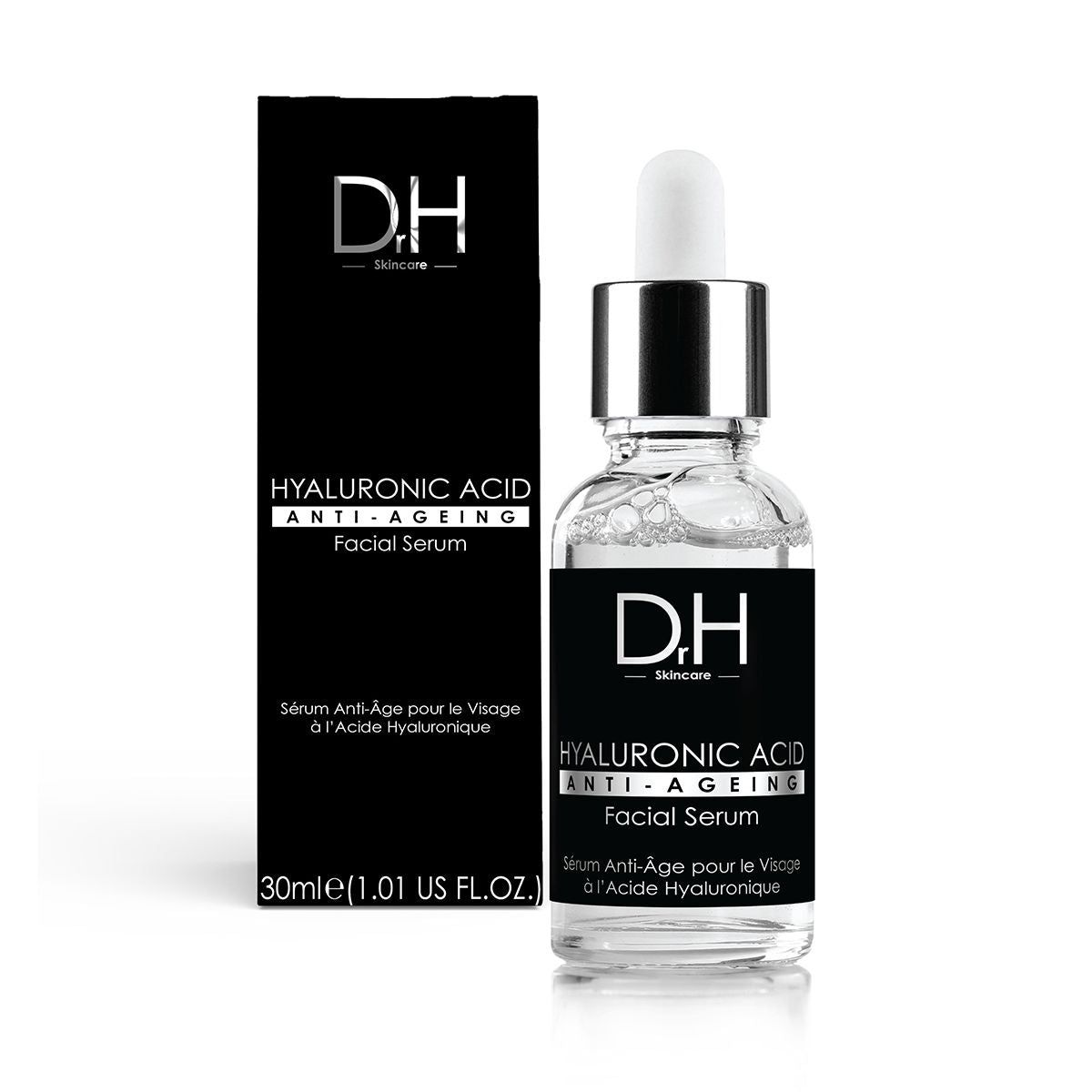 Gesichtsserum in Glasflasche mit Pipette und schwarzer Verpackung. Text: Hyaluronsäure, Anti-Aging, Serum Anti-Age pour le Visage.