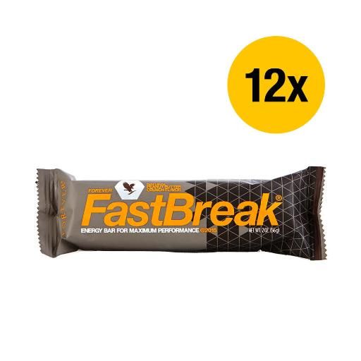 Energieriegel mit der Aufschrift "FastBreak". Gelbes Etikett mit "12x". Verpackung in Grau- und Brauntönen.