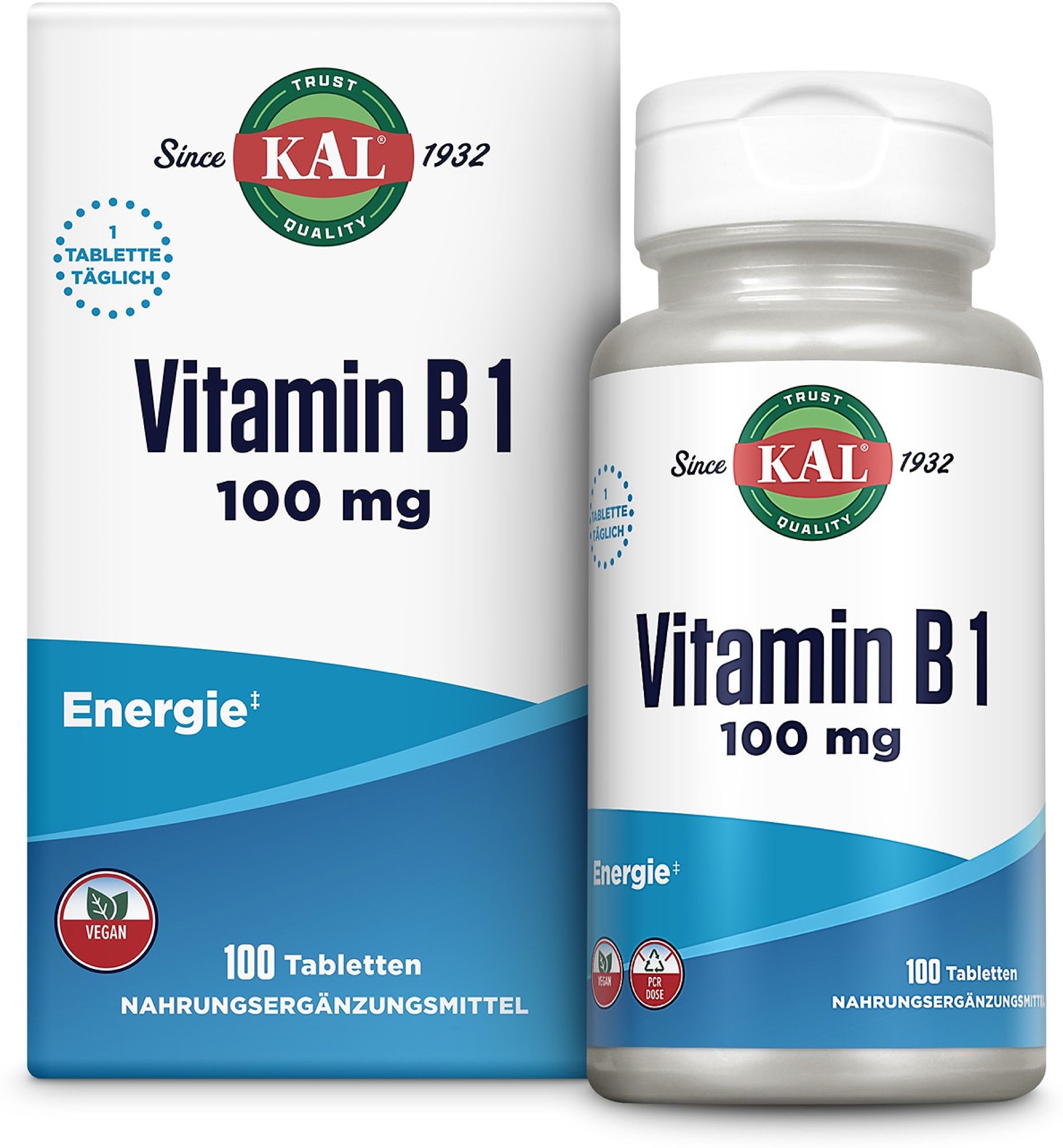 KAL Vitamin B1 100 mg Nahrungsergänzungsmittel in einer Flasche und Faltschachtel.