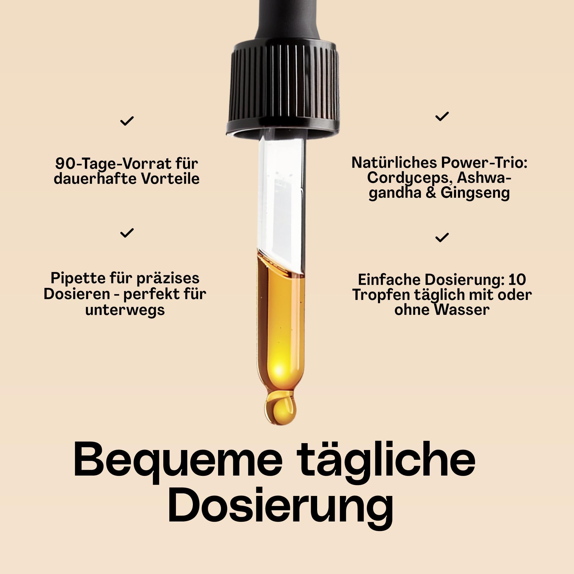 kraftreich® Cordyceps Tropfen mit Ashwaghanda, Gingseng, Honig & Essig