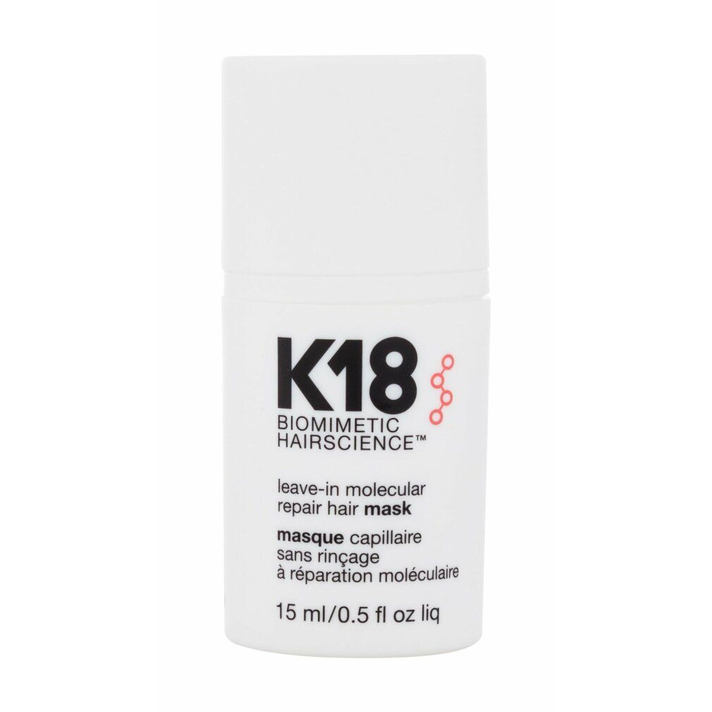 Weiße Flasche mit K18-Logo und Produktbezeichnung. 15 ml/0,5 fl oz. Leave-in Molecular Repair Hair Mask.