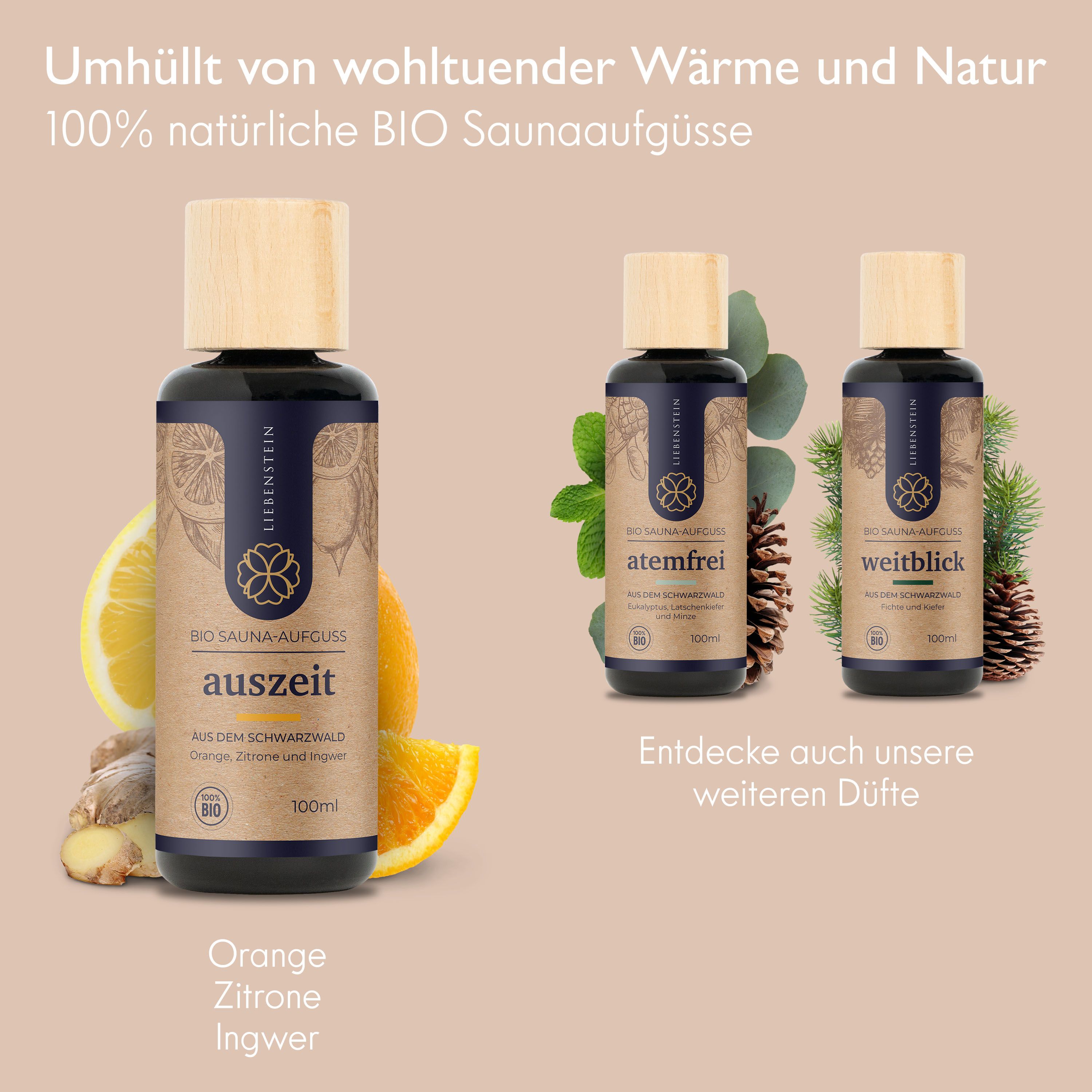 Drei Flaschen Saunaaufgussmittel. Aufschrift: Auszeit, Atemfrei, Weitblick. Orange, Zitrone, Ingwer. BIO-Siegel.