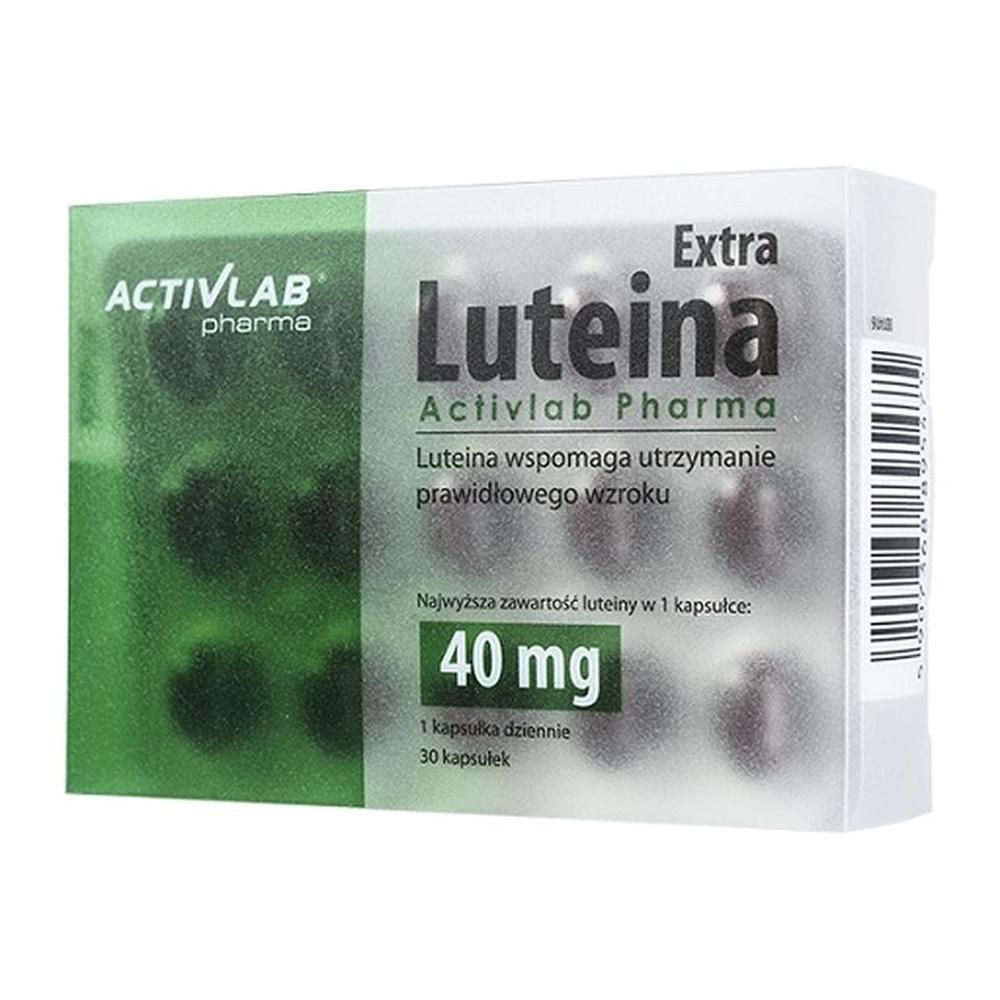 Blisterpackung mit Kapseln. Aufschrift "Activlab Pharma Luteina Extra". Enthält 40 mg Lutein pro Kapsel. 30 Kapseln.