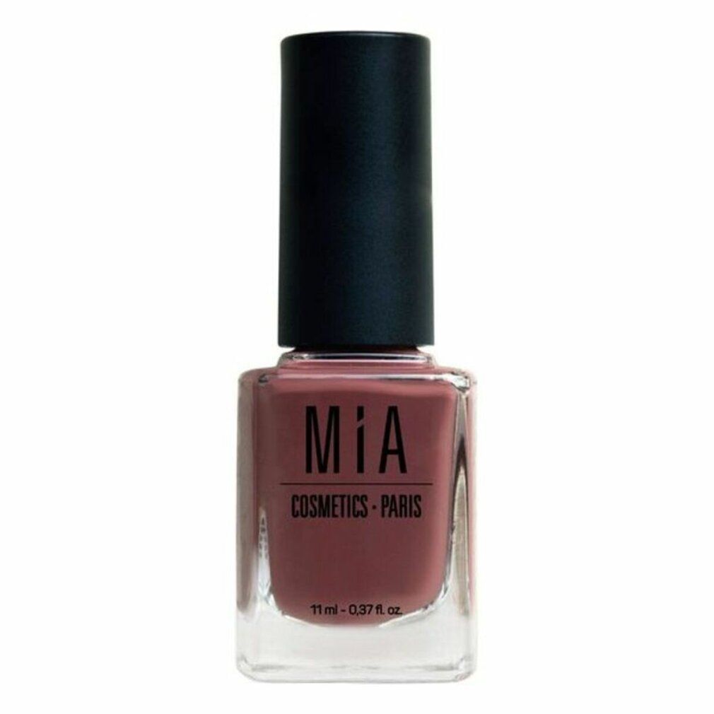 Nagellackflasche mit schwarzem Deckel. Aufschrift: MIA COSMETICS - PARIS. Farbe: Mogano. Volumen: 11 ml - 0.37 fl. oz.