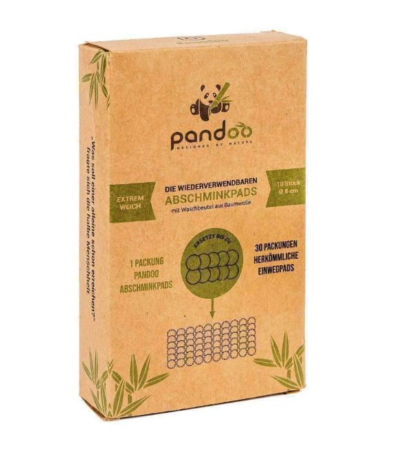 Braune Pappschachtel mit Logo und Produktinformationen. Text: "PANDOO Abschminkpads", "10 wiederverwendbare Pads", "aus Bambus".