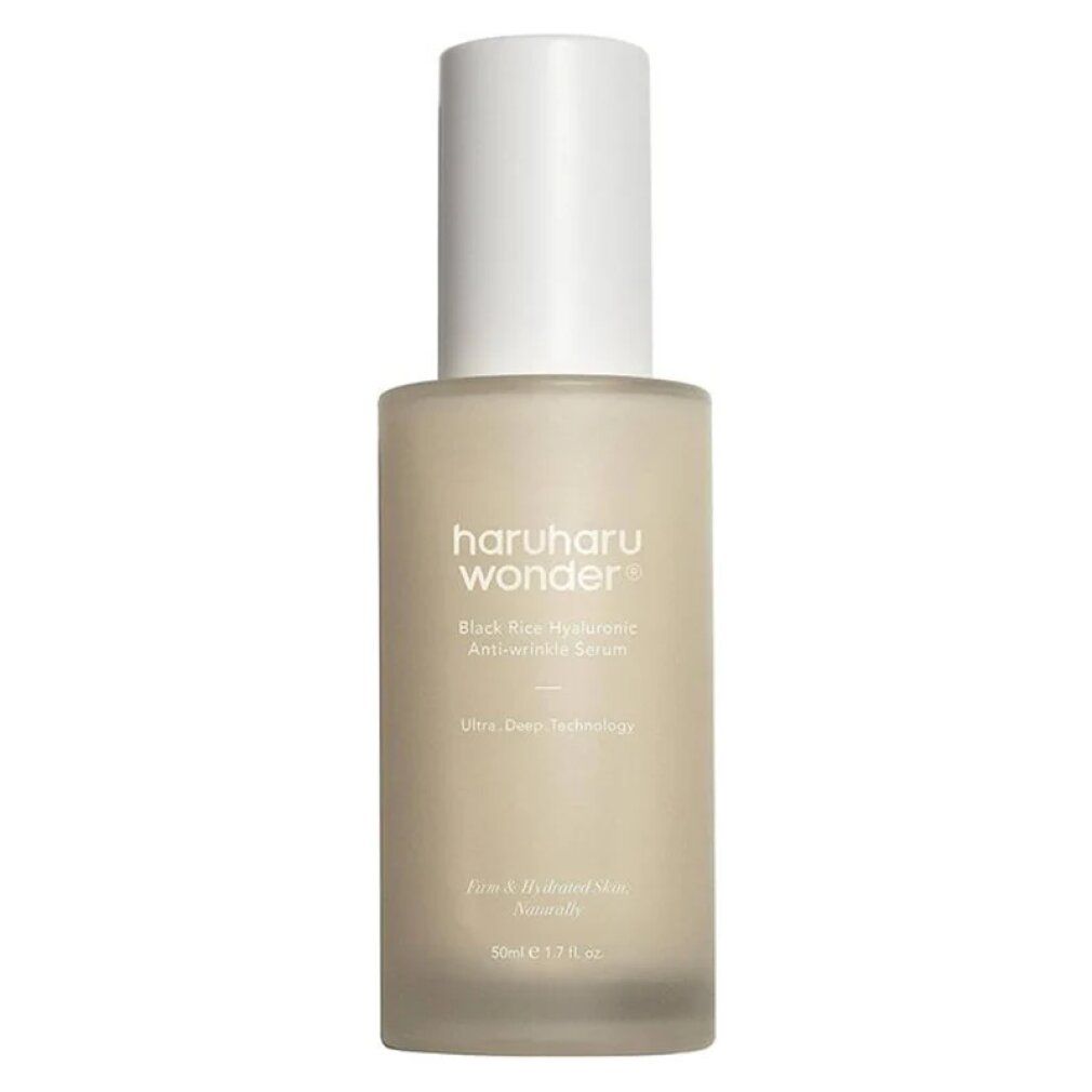HaruHaru Wonder Serumflasche, mattes Glas, weiße Kappe. Text: 'Black Rice Hyaluronic Anti-wrinkle Serum'.