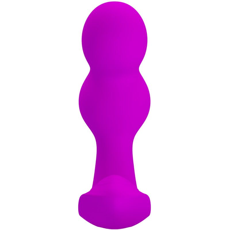 Lila Analvibrator. Der Vibrator hat eine längliche Form mit drei Kugeln und einem breiten, flachen Boden.