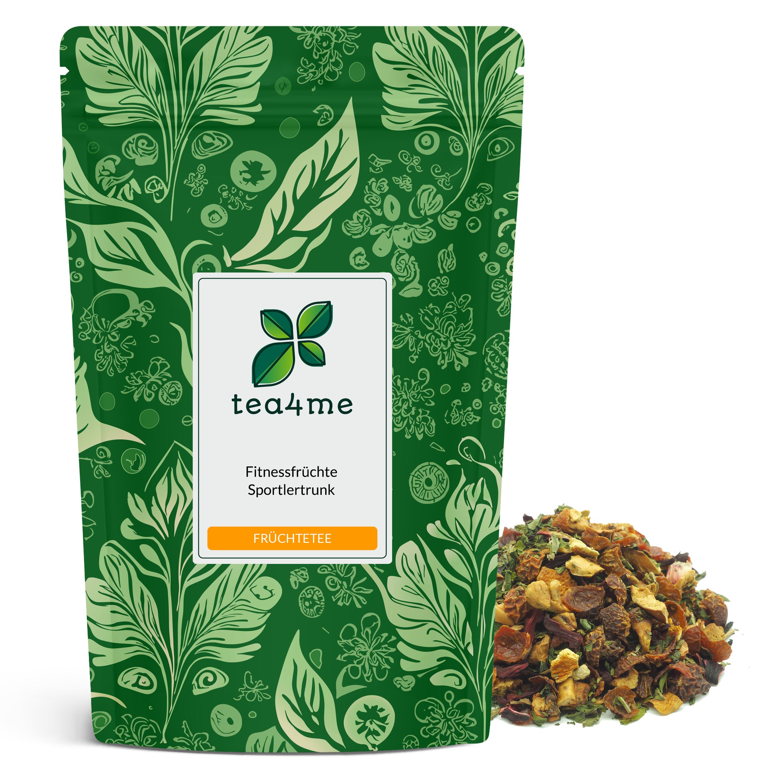 Grüner Beutel mit floralem Muster und Produktbezeichnung. Daneben lose Früchteteemischung.