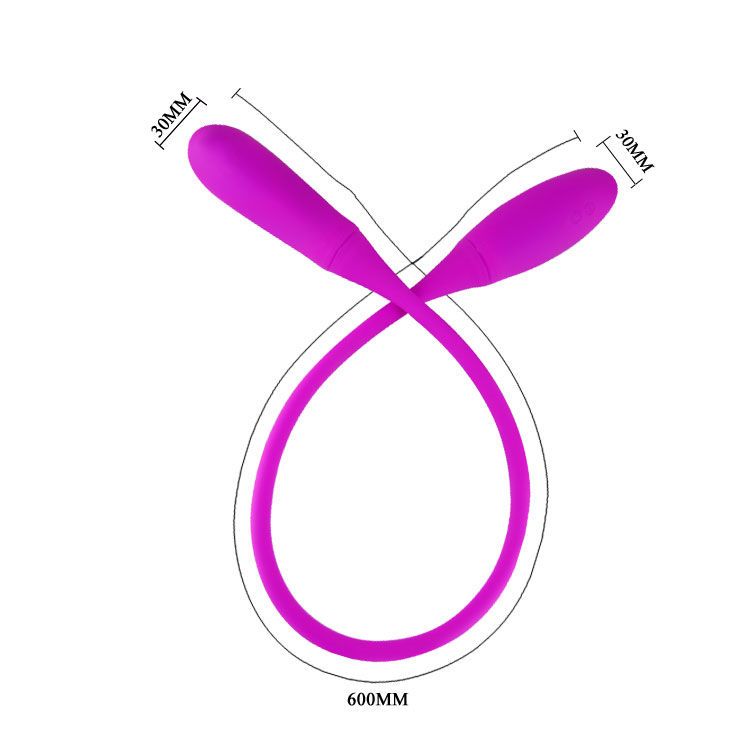 Lila Vibrator mit zwei Enden, verbunden durch einen flexiblen Stiel. Abmessungen: 600mm lang, 30mm breit.
