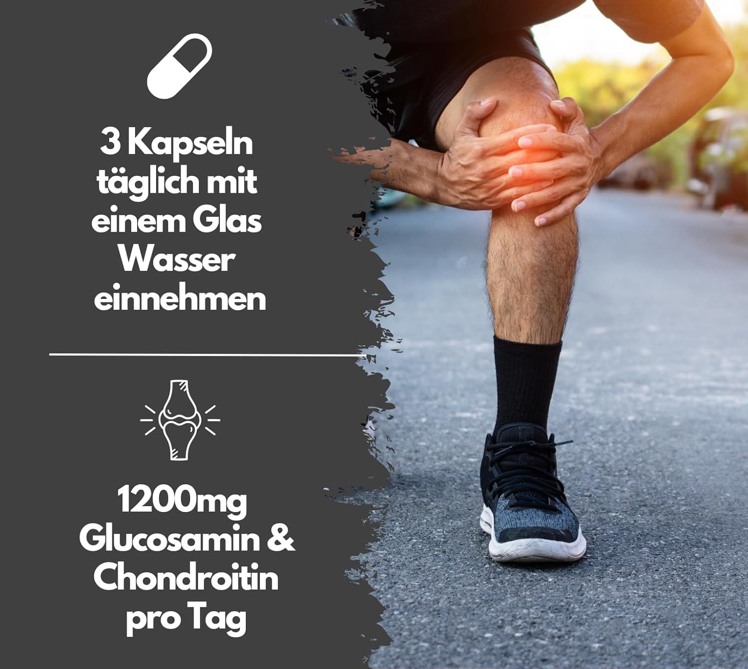 Grafik mit Text: 3 Kapseln täglich mit Wasser einnehmen. 1200mg Glucosamin & Chondroitin pro Tag. Knie mit Schmerzmarkierung.