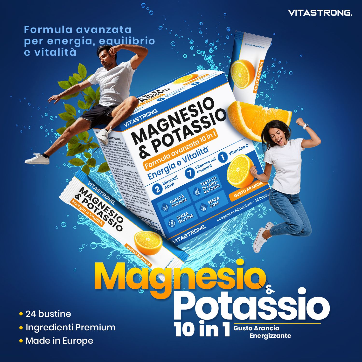 Vitastrong Magnesium & Kalium-Packung und Sticks. Enthält 24 Beutel. Mit Personen und Orangen. Text: Energie & Vitalität.