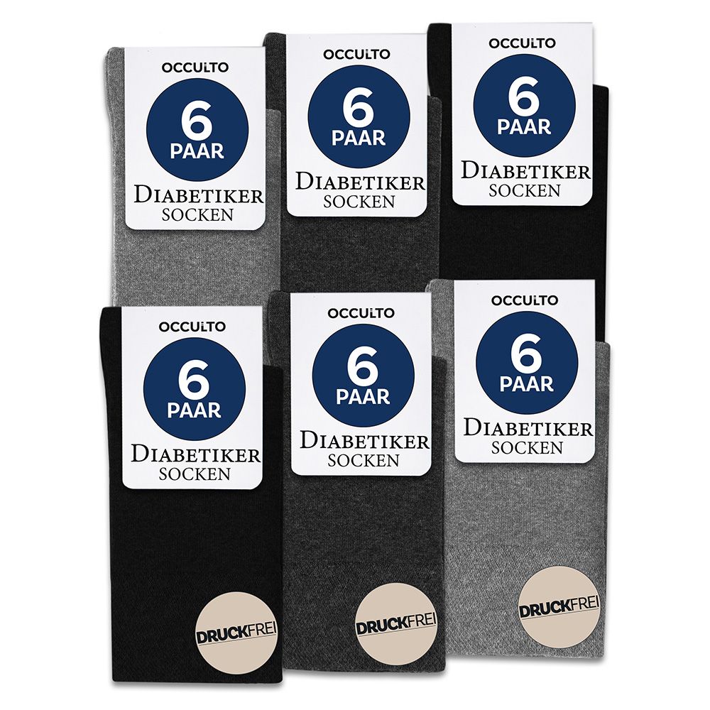 Sechs Paar Herren-Diabetikersocken, nahtlos, ohne Gummibund, in Grau und Schwarz.
