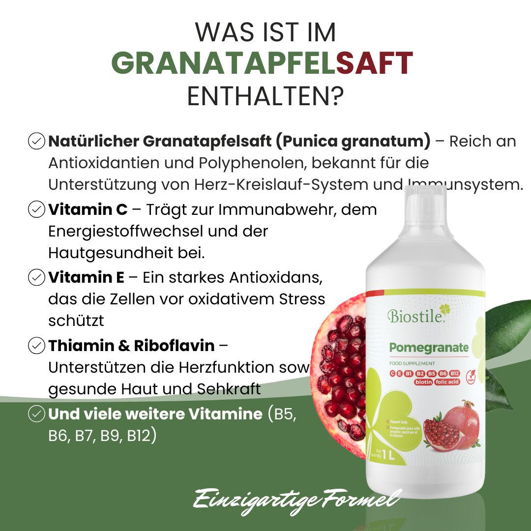 Flasche mit Etikett und Granatapfel. Text: Was ist im Granatapfelsaft enthalten? Aufzählung von Inhaltsstoffen.