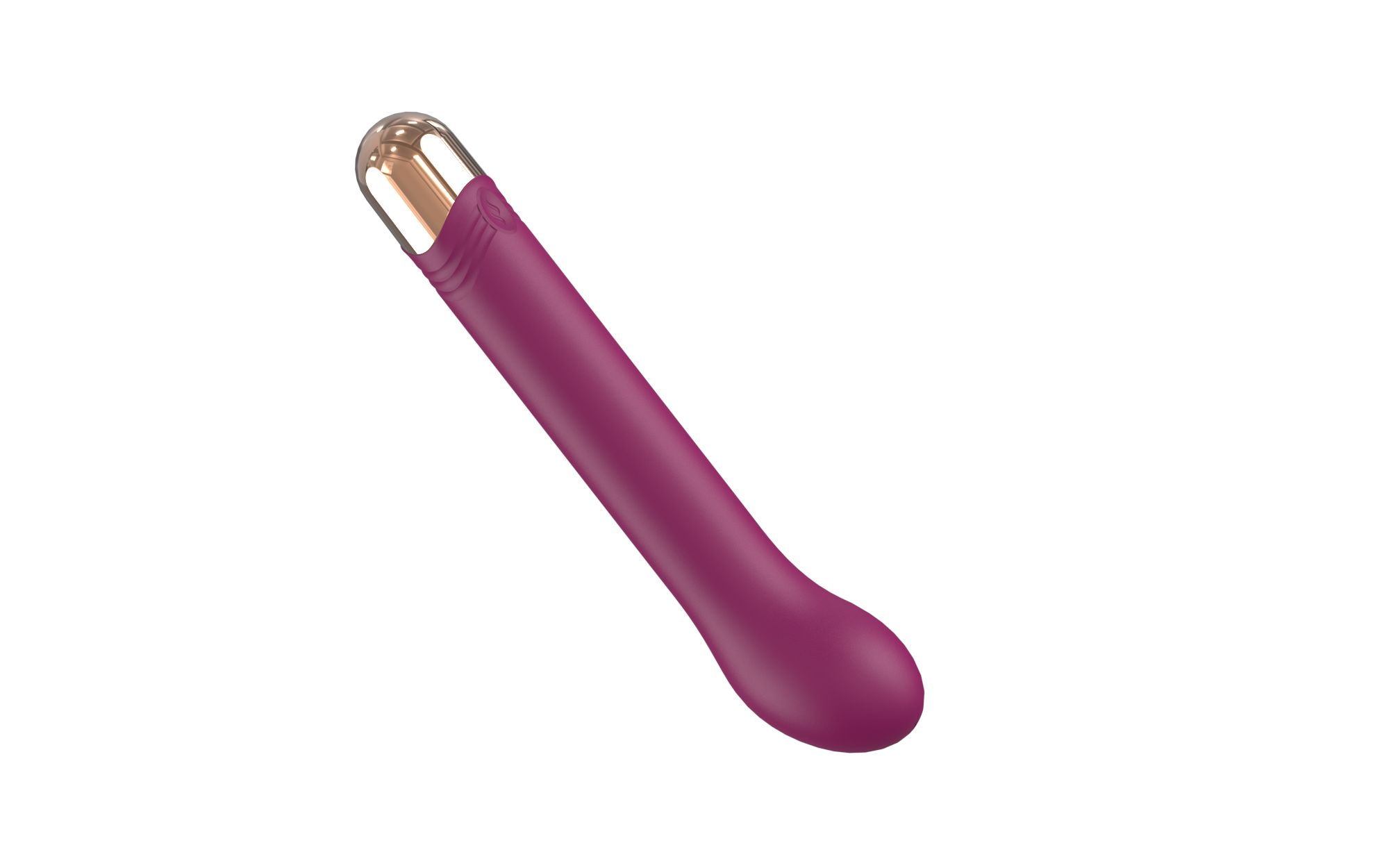 Lila Vibrator mit goldfarbener Spitze. Schräg auf weißem Hintergrund.