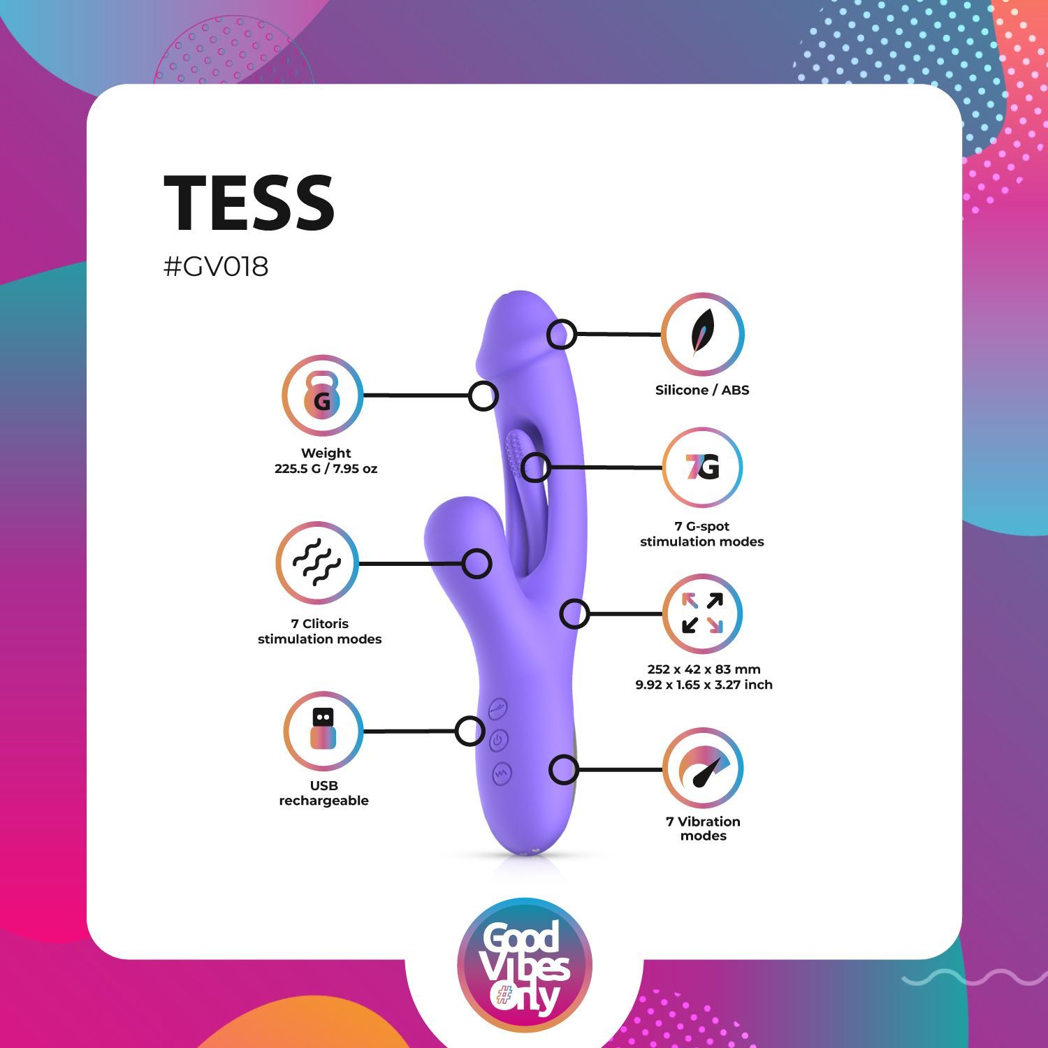 Infographie avec informations sur le produit. Nom du produit : Good Vibes Only - Tess. Contient des informations sur les fonctions et les matériaux.