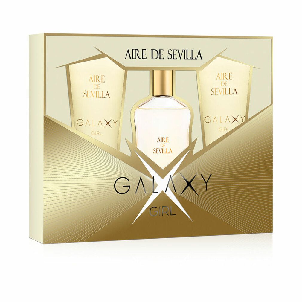 Geschenkset mit Flakon und zwei Tuben. Goldfarbene Verpackung mit Produktnamen. "Aire de Sevilla Galaxy Girl" Schriftzug.
