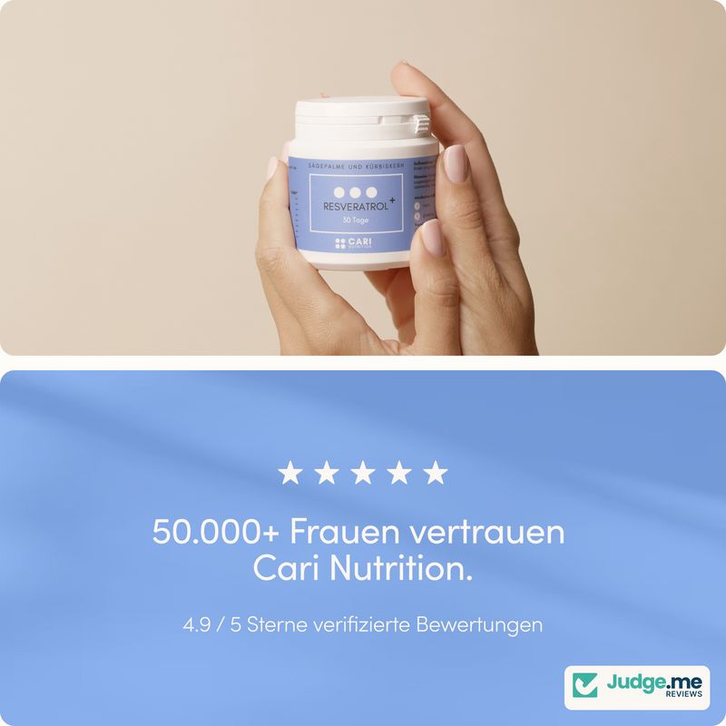 Hand hält CARI Nutrition Androblocker Dose. 50.000+ Frauen vertrauen Cari Nutrition.