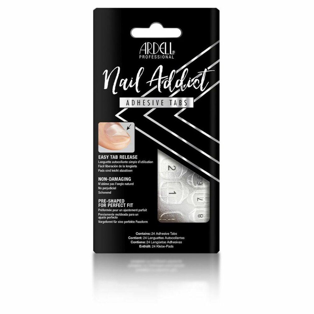 Ardell Nail Addict Adhesive Tabs. Schwarze Verpackung mit Produktabbildung und Text. Enthält 24 Klebetabs.