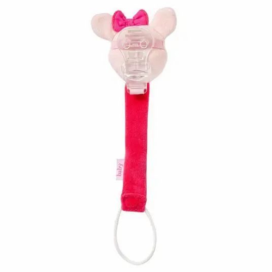 Schnullerkette mit Reh-Kopf, rosa Schleife, Stoff, Clip und Schnuller. Rosa und weiße Elemente. Mit Ring und Schnuller.