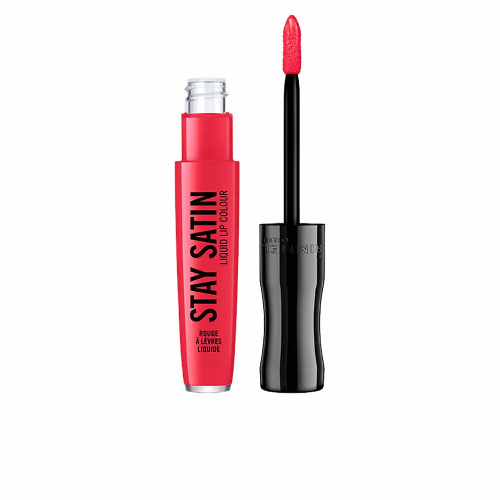 Roter flüssiger Lippenstift, geöffnet, mit Applikator. Aufschrift: Stay Satin Liquid Lip Colour.
