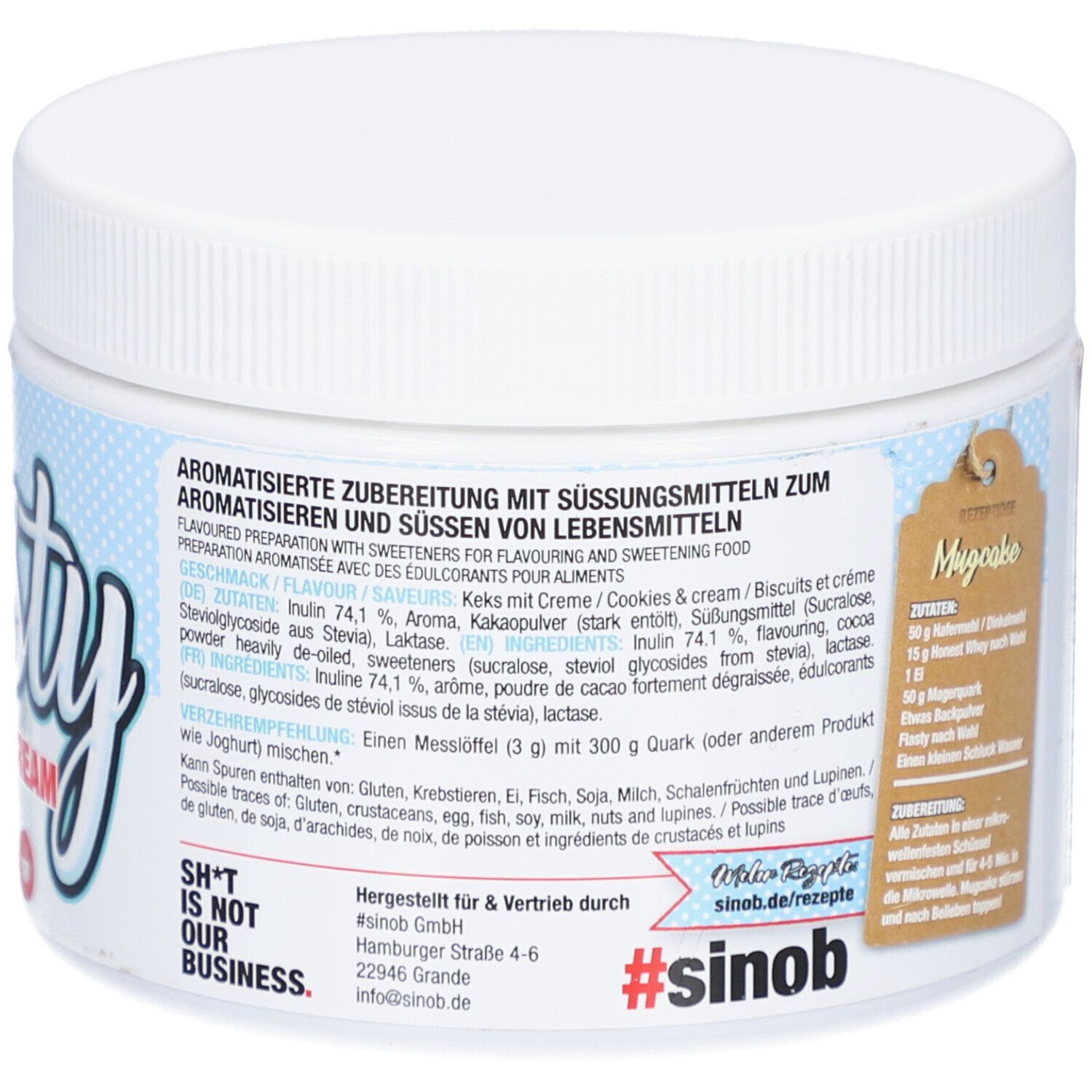 Rückseite des weißen Gefäßes "Flasty Cookies & Cream". Textinformationen und Zutatenliste. Braunes Etikett.