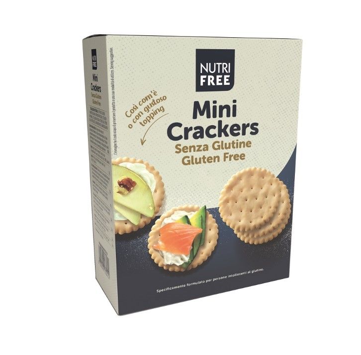 Confezione di mini cracker senza glutine. Immagine di cracker con condimenti. Marchio Nutri Free.
