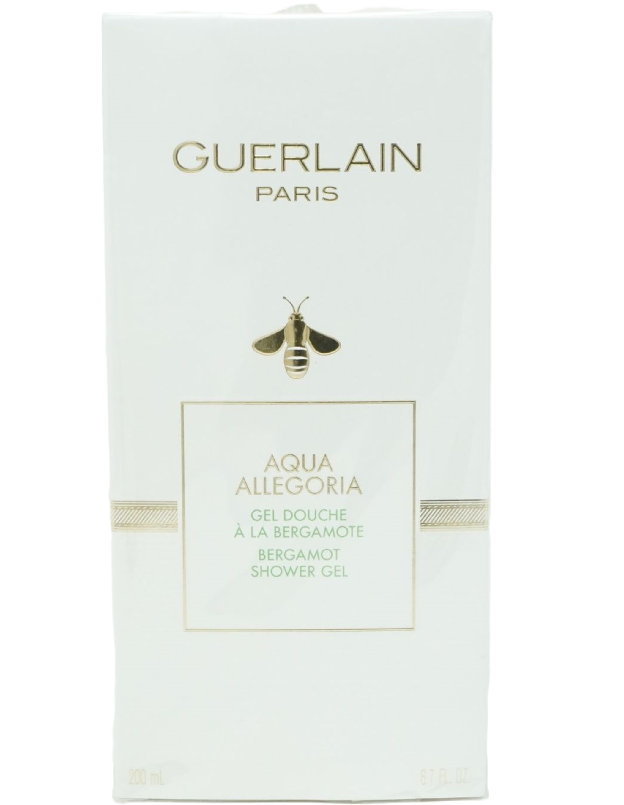 Weißer Karton mit goldfarbenem Schriftzug GUERLAIN PARIS, Biene und Produktbezeichnung AQUA ALLEGORIA.