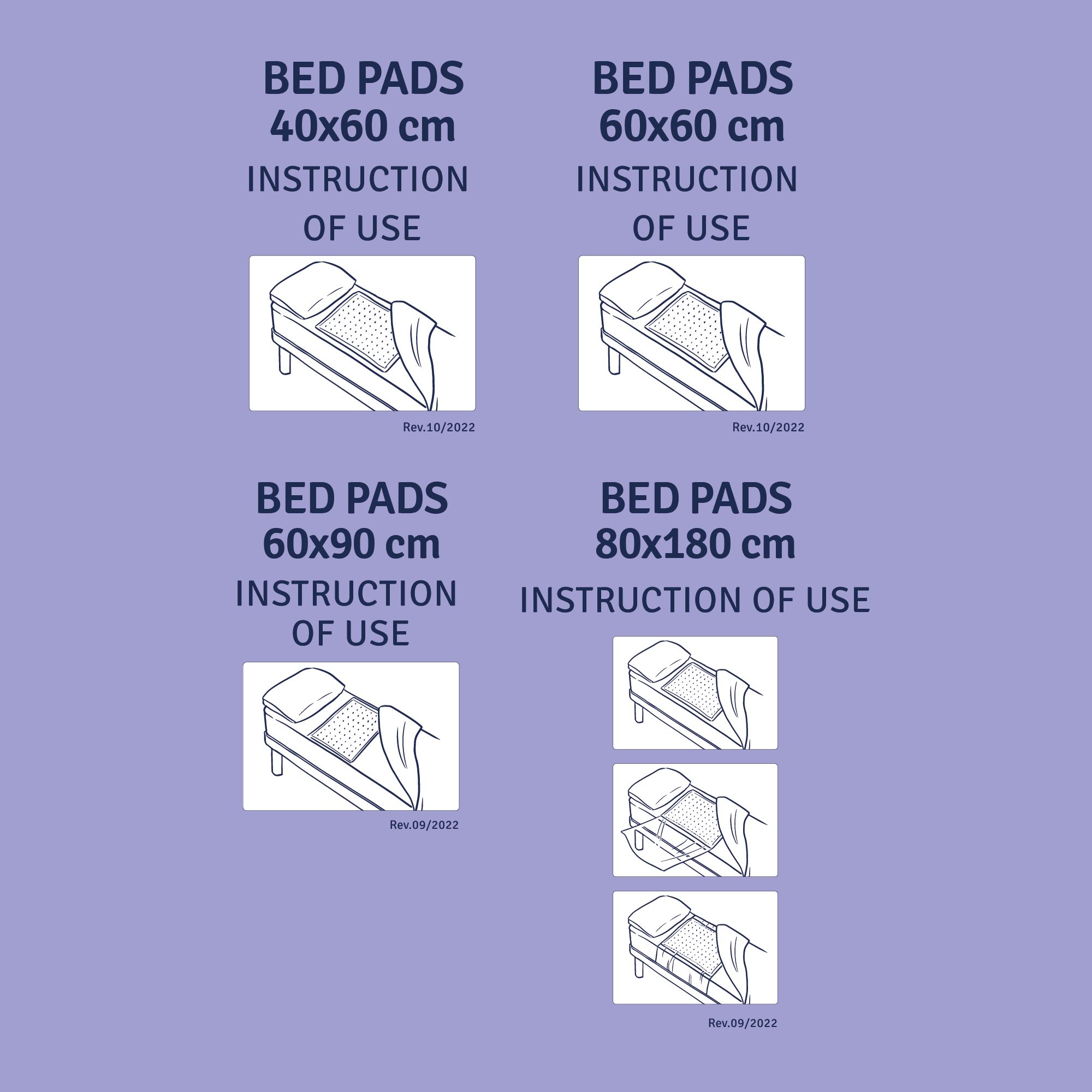 Gebruiksvoorbeelden van bedonderleggers. Maten: 40x60cm, 60x60cm, 60x90cm en 80x180cm. Illustraties.