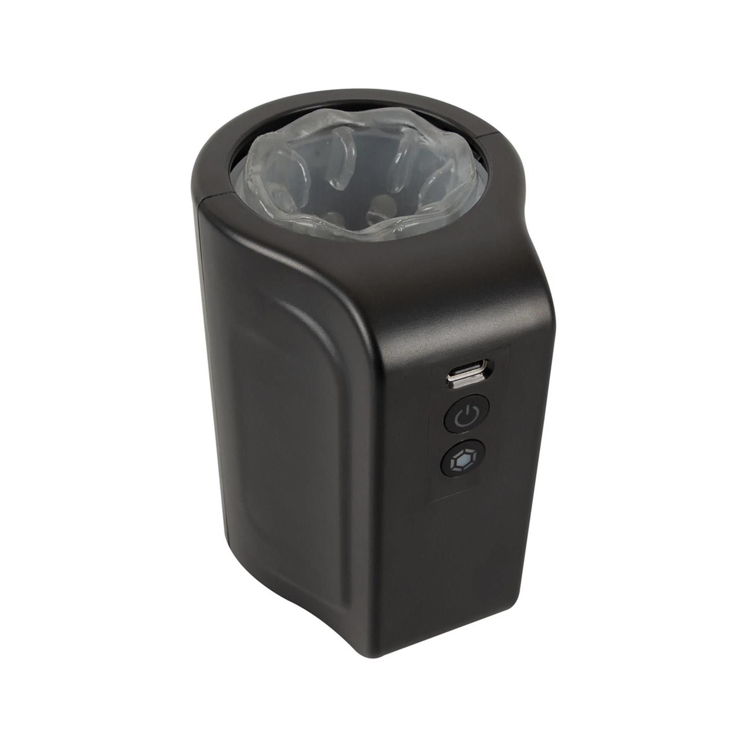 Schwarzes, zylindrisches Gerät mit USB-Anschluss und Bedienelementen. Innen transparentes Material sichtbar.