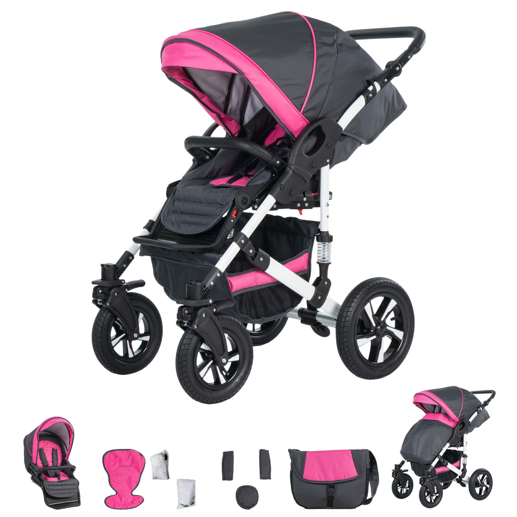 Friedrich Hugo Hamburg 3 in 1 Kinderwagen Set Luftreifen, Grey & Pink